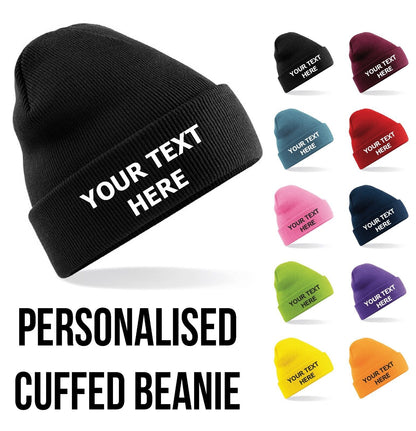 Personalised Embroidered Beanie Hat Custom Cuffed Winter Woolly Hat Mens Womens