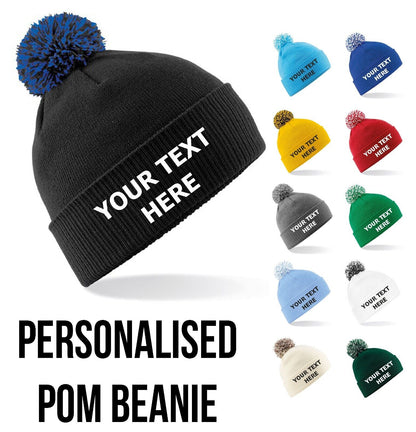 Personalised Beanie Hat Embroidered Woolly Bobble Hat Winter Pom Pom Headwear