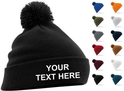 Personalised Beanie Hat Embroidered Bobble Hat Winter Pom Pom Pullover Wooley