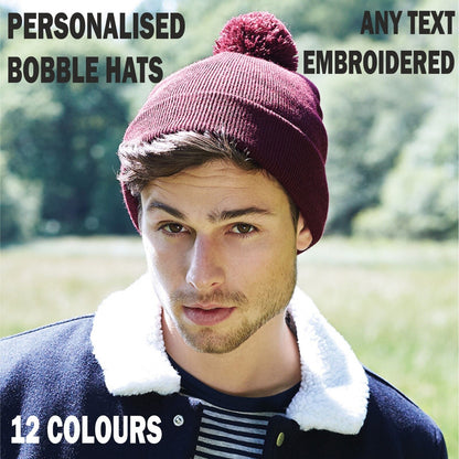Personalised Beanie Hat Embroidered Bobble Hat Winter Pom Pom Pullover Wooley