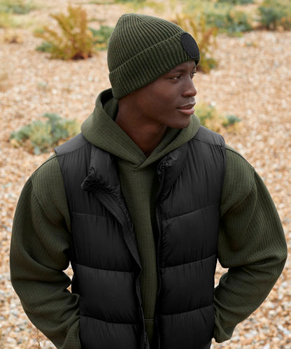 Olive Green/Black circular fashion patch beanie front view