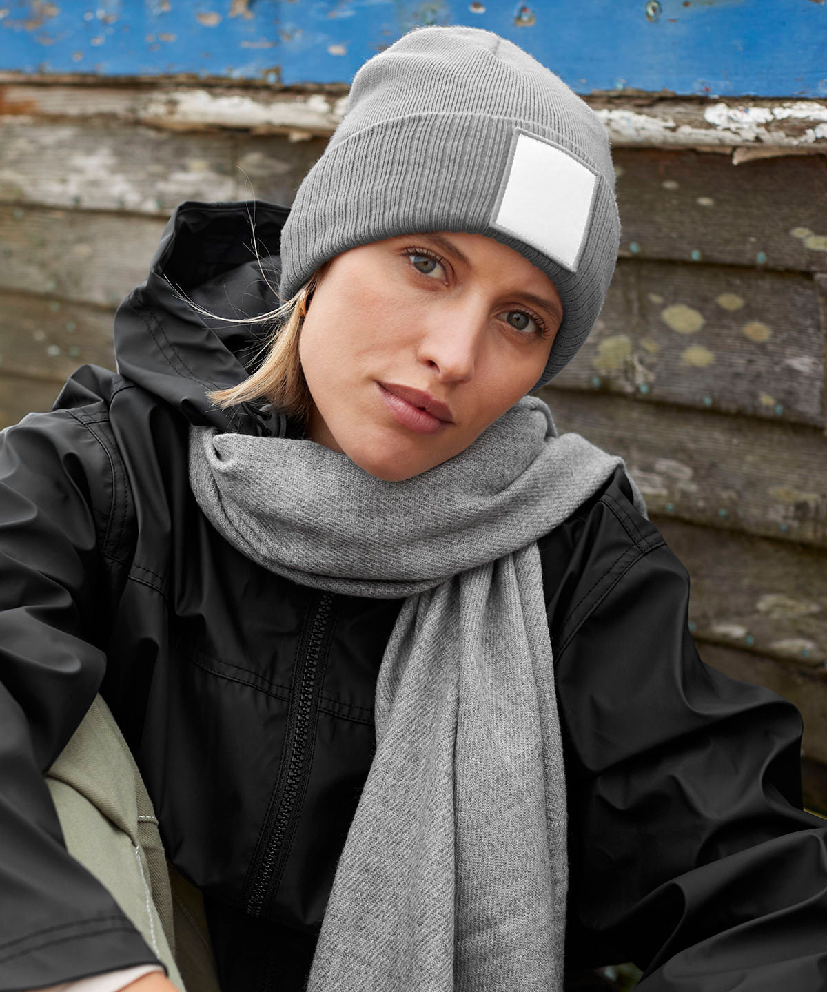 Oxford Navy/White appliqu© patch beanie front view