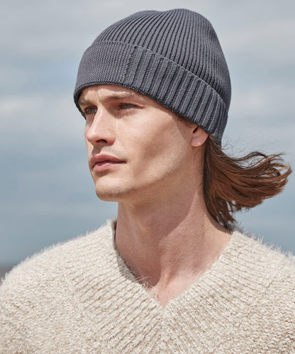 Sand organic cotton engineered patch beanie front view