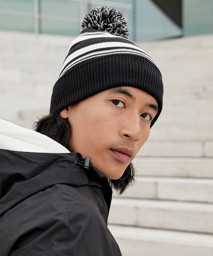 French Navy/White striped fan beanie front view