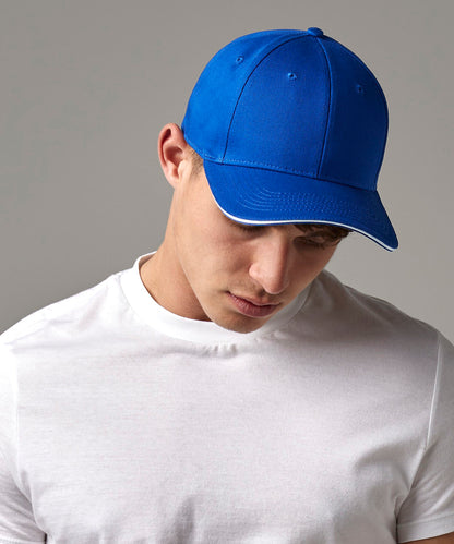 White/French Navy earthaware® classic organic cotton 6-panel cap – sandwich peak front view