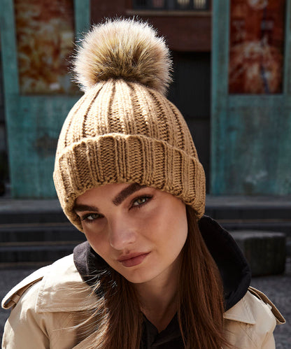 Orange Rust fur pop pom chunky beanie front view