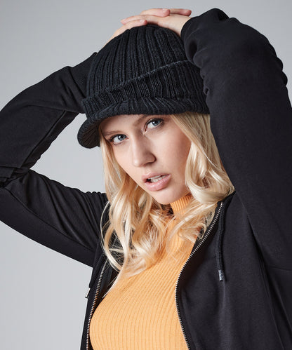 Black peaked beanie front view