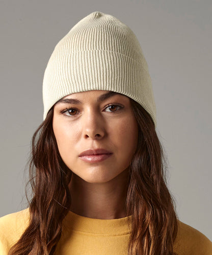 Sand organic cotton fine knit beanie front view