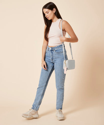 Taupe boutique structured cross body bag front view