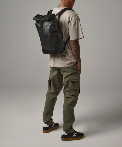 Black tarp roll-top backpack front view