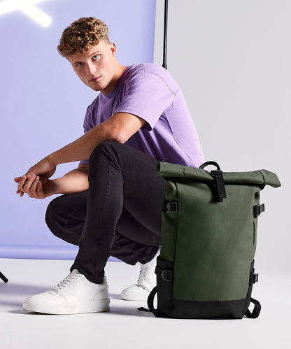 Olive Green/Black block roll-top backpack front view