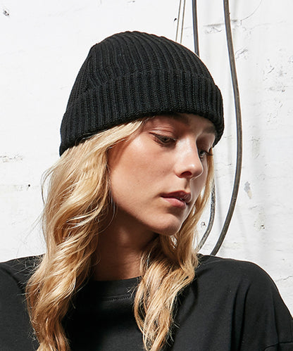 Black recycled yarn fisherman beanie front view