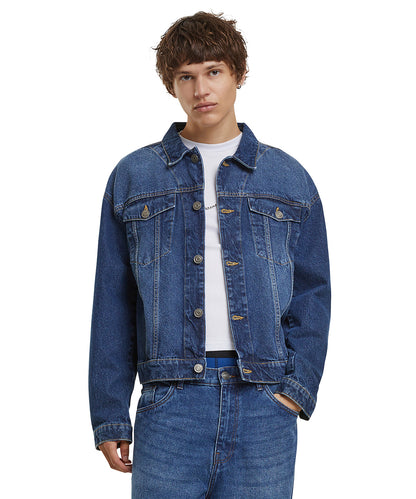 New Mid Blue Washed heavy ounce boxy denim jacket front view