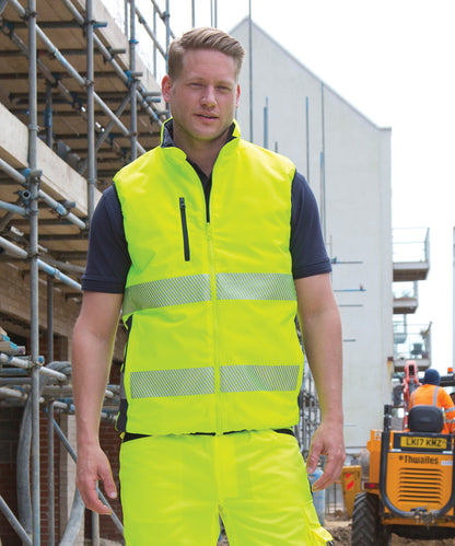 Fluorescent Yellow/Navy reversible soft padded gilet front view