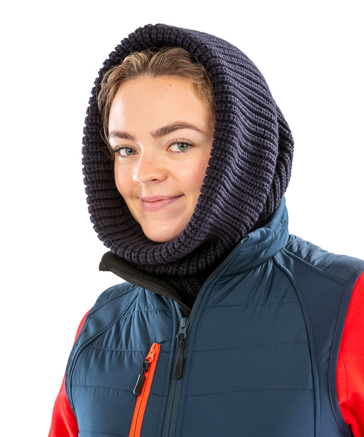 Navy whistler snood hood front view