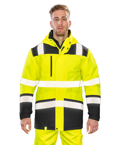 Fluorescent Yellow/Black printable softshell safety coat front view