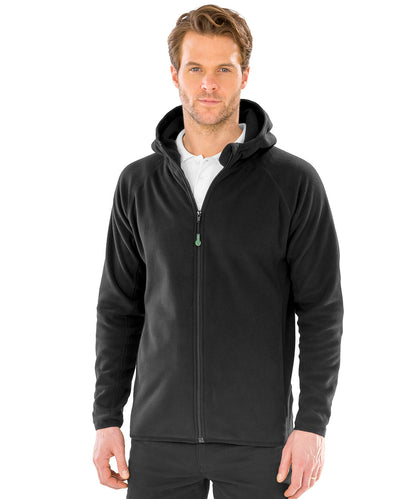 Black recycled hooded microfleece jacket front view