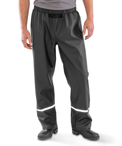 Navy prism pu waterproof trousers with reflective bands and recycled backing front view