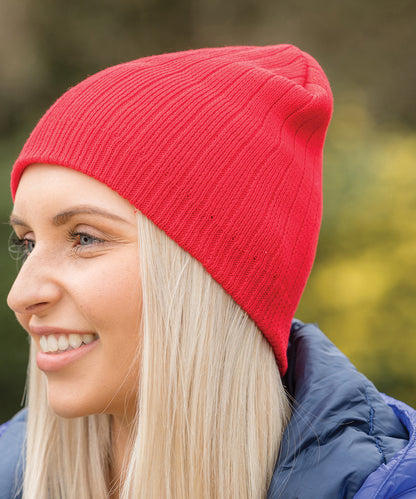 Red cotton knitted beanie hat front view