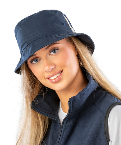 Navy deluxe washed cotton bucket hat with side mesh panels front view