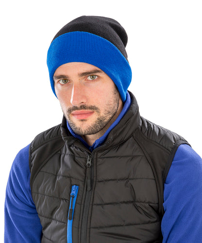 Black/Yellow recycled compass beanie front view