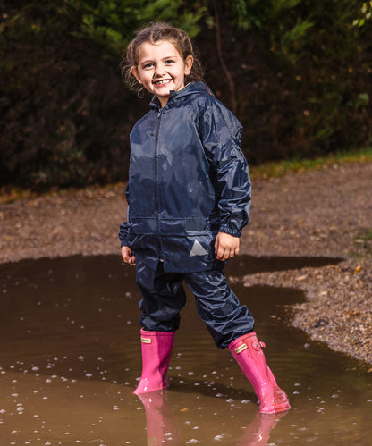 Red junior waterproof jacket and trouser set front view