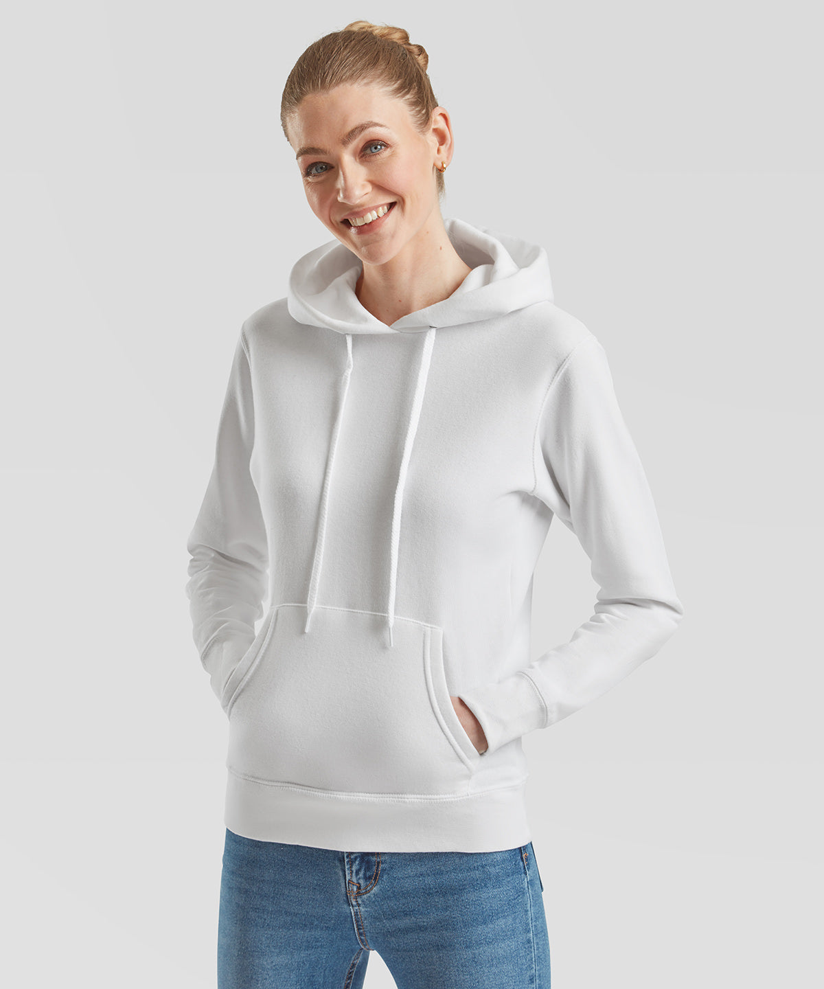 White Women's classic 80/20 hooded sweatshirt front view