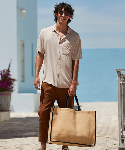 Natural/Navy natural starched jute market shopper front view