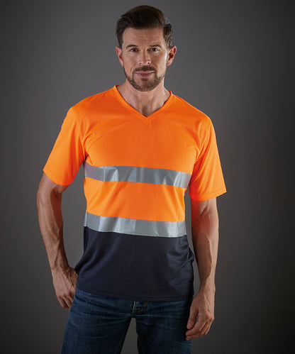 Yellow/Navy hi-vis top cool super light v-neck t-shirt (hvj910) front view