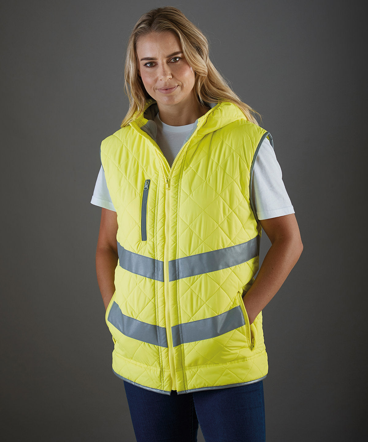 Yellow hi-vis kensington hooded gilet (hv007) front view