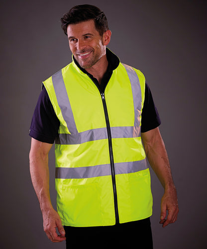 Yellow hi-vis reversible fleece bodywarmer (hv008f) front view