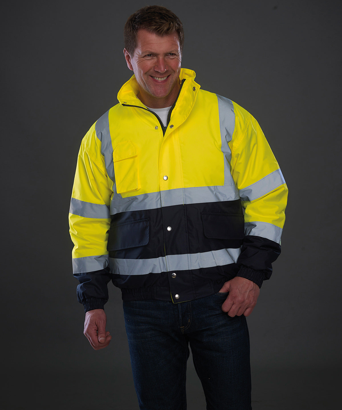 Yellow/Navy hi-vis two-tone bomber jacket (hvp218) front view